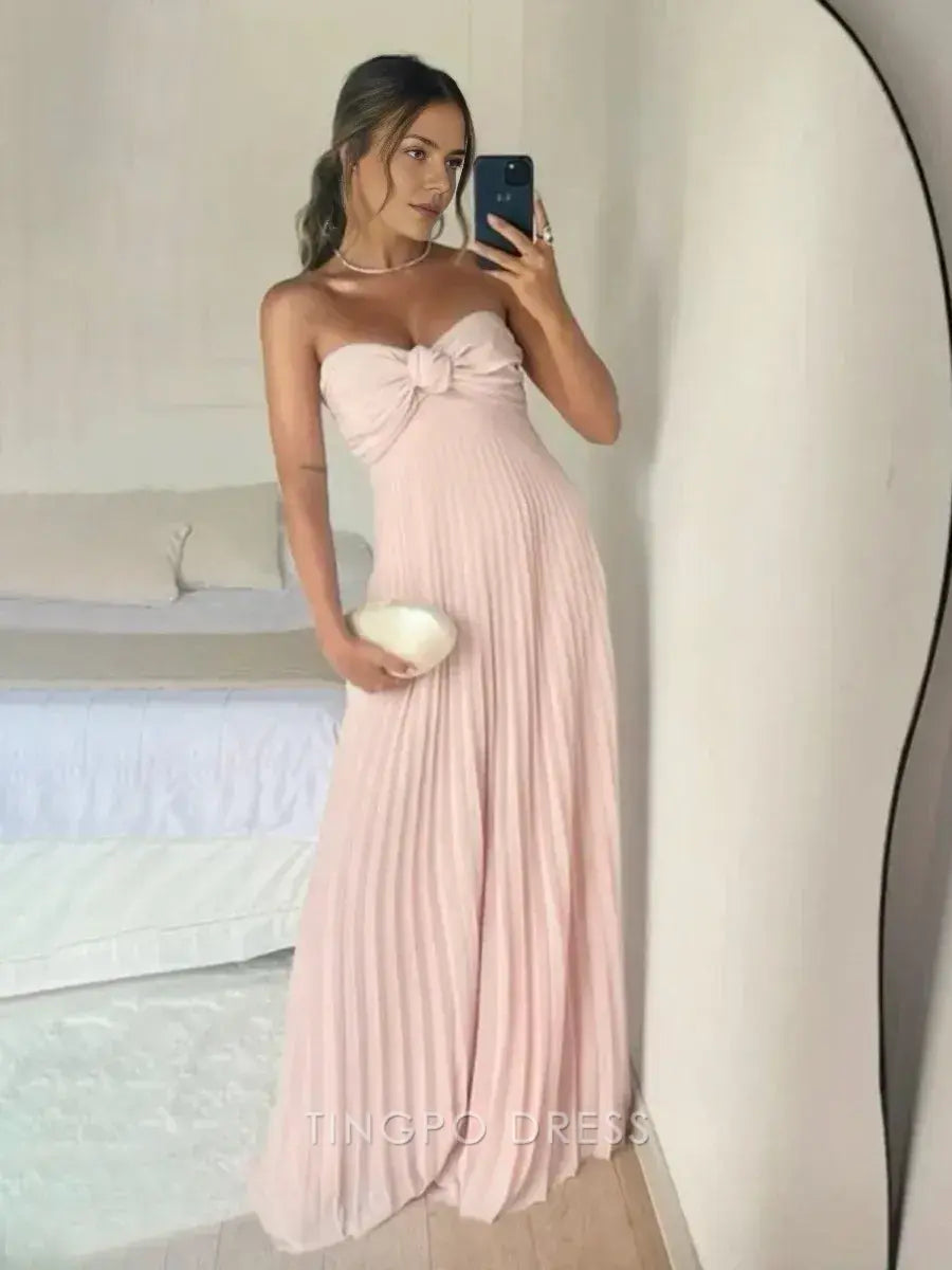 Elegant A Line Strapless Chiffon Bow Detail Pleated Maxi Dress with Scarf Long